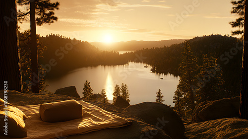 Woman Sitting on Blanket Overlooking Quiet Lake at Sunset