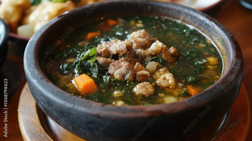 Close-Up of a Bowl of Hearty, Green Soup with Meat Close-Up of a Bowl of Hearty, Green Soup with Meat