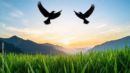 Two birds flying over a scenic mountain landscape at sunset. photo