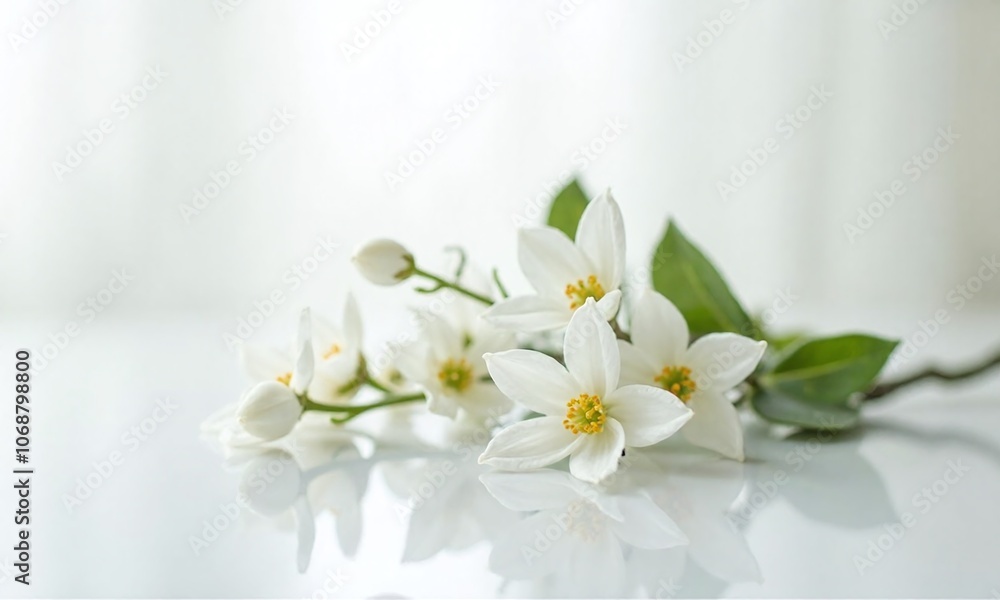 Delicate white jasmine flowers Reflective surface Minimalist composition Delicate white jasmine flowers Reflective surface Minimalist composition