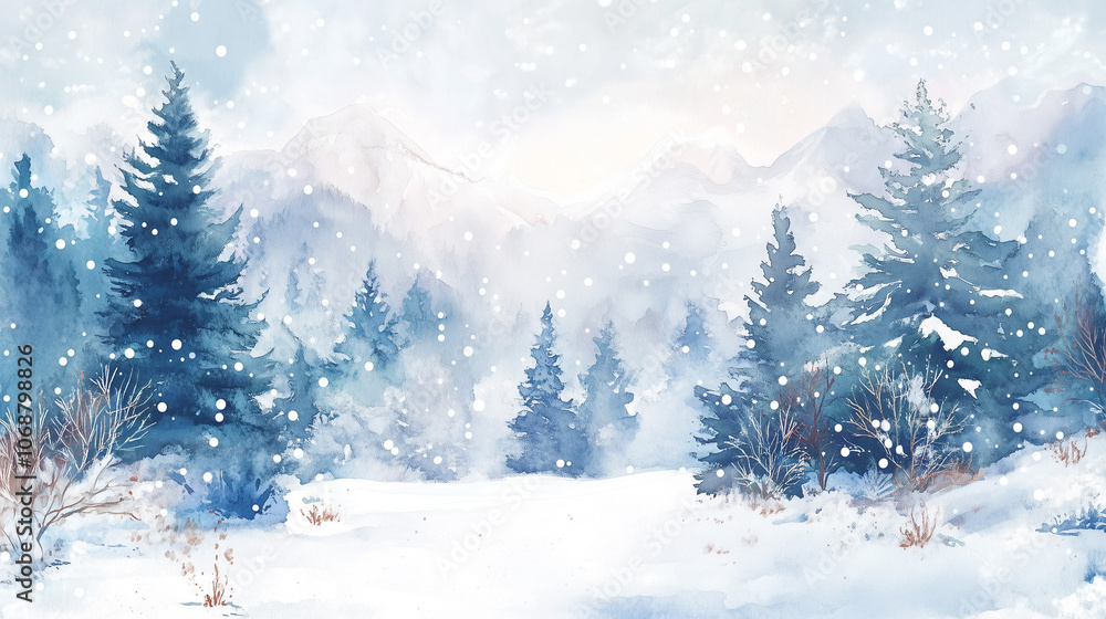 A serene watercolor style background illustration of a snowy forest landscape with pine trees and mountains, capturing the peaceful beauty of wintertime with gentle snowfall.