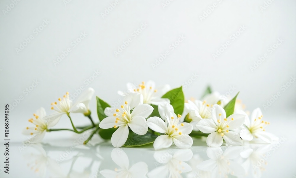 Delicate white jasmine flowers Reflective surface Minimalist composition Delicate white jasmine flowers Reflective surface Minimalist composition
