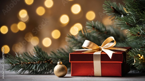 Christmas tree with gifts, festive decorations, close up, bokeh lights. copy space