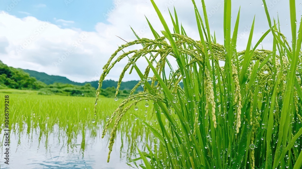 Obraz premium Lush green rice plants growing by a serene waterlogged field under a blue sky.