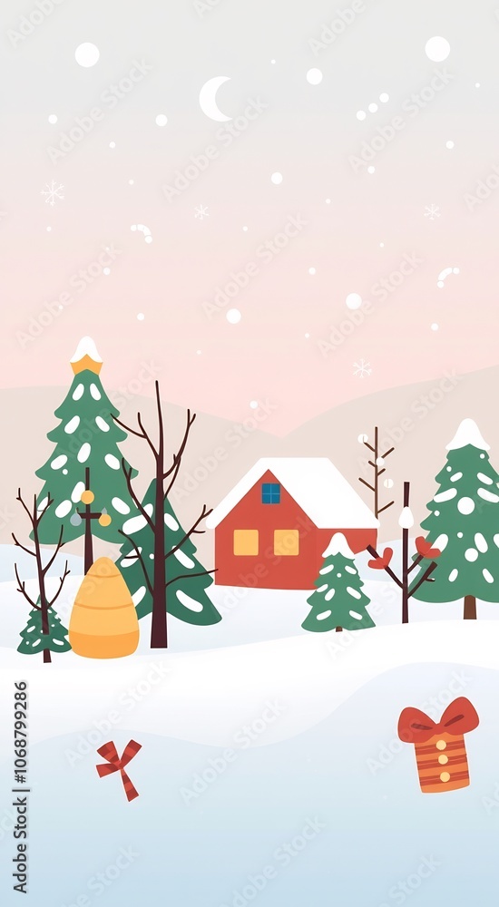 A snowy winter landscape with a red house, Christmas tree, and a gift. A snowy winter landscape with a red house, Christmas tree, and a gift.
