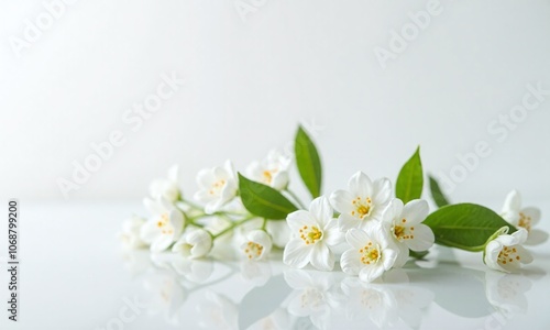 Delicate white jasmine flowers Reflective surface Minimalist composition