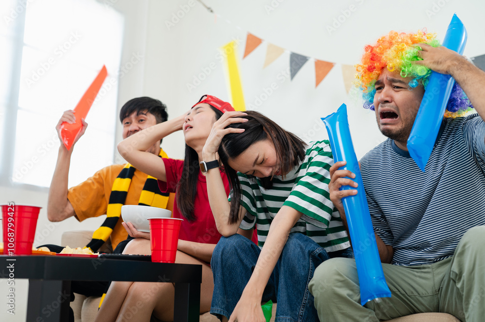 Group of Asian male and female friends watch the World Cup live broadcast on television. Eat drinks and snacks together at home. Sports fans feel sad when the team they support loses. Group of Asian male and female friends watch the World Cup live broadcast on television. Eat drinks and snacks together at home. Sports fans feel sad when the team they support loses.