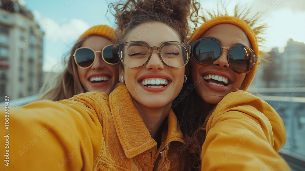 Best Friends Forever. Three young women, dressed in yellow and wearing sunglasses, hug and smile brightly as they take a selfie. This image captures the joy and closeness of friendship. Best Friends Forever. Three young women, dressed in yellow and wearing sunglasses, hug and smile brightly as they take a selfie. This image captures the joy and closeness of friendship.