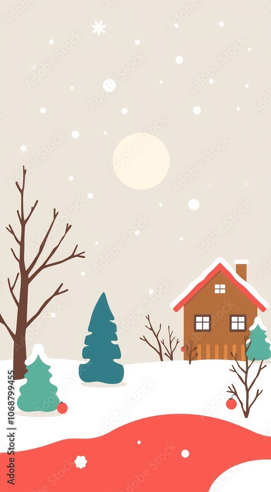 A snowy winter landscape with a cabin, trees, and a red snowy path. A snowy winter landscape with a cabin, trees, and a red snowy path.