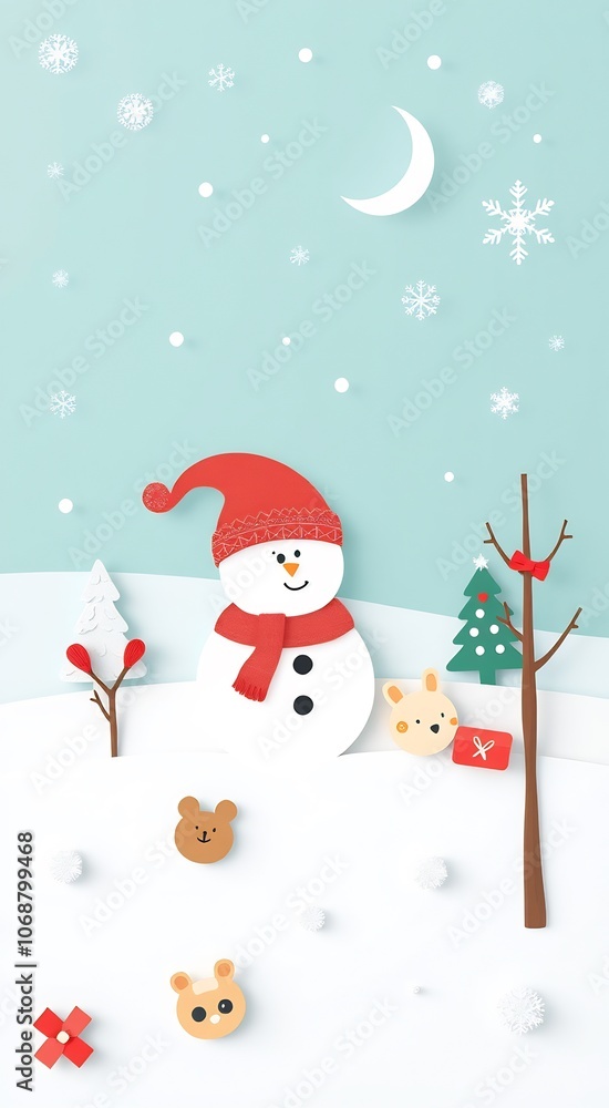 Paper cut snowman with a red hat and scarf in winter scene with small animals and a Christmas tree. Paper cut snowman with a red hat and scarf in winter scene with small animals and a Christmas tree.