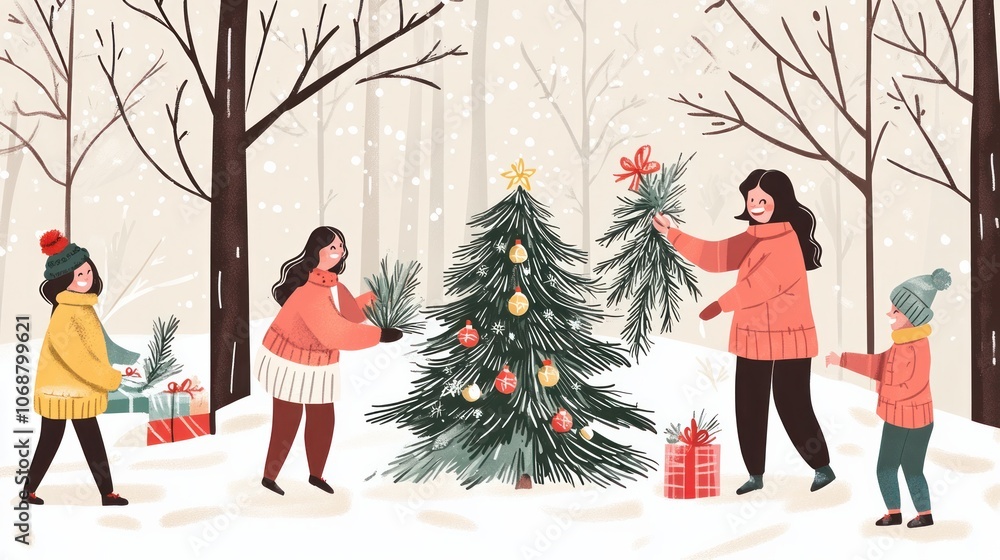 In the woods, a contented family is choosing a Christmas tree. The prospect of spending the New Year together excites them. In the woods, a contented family is choosing a Christmas tree. The prospect of spending the New Year together excites them.