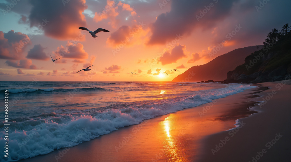 Obraz premium A Peaceful Beach Scene With Gentle Waves, Seagulls, and a Colorful Sunset Captured With a Wide-Angle Lens, Using Warm and Vibrant Film to Create a Serene and Inviting Atmosphere