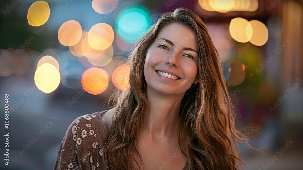 Portrait of a 30 year old american woman with brown hair and warm smile against a vibrant cityscape Portrait of a 30 year old american woman with brown hair and warm smile against a vibrant cityscape
