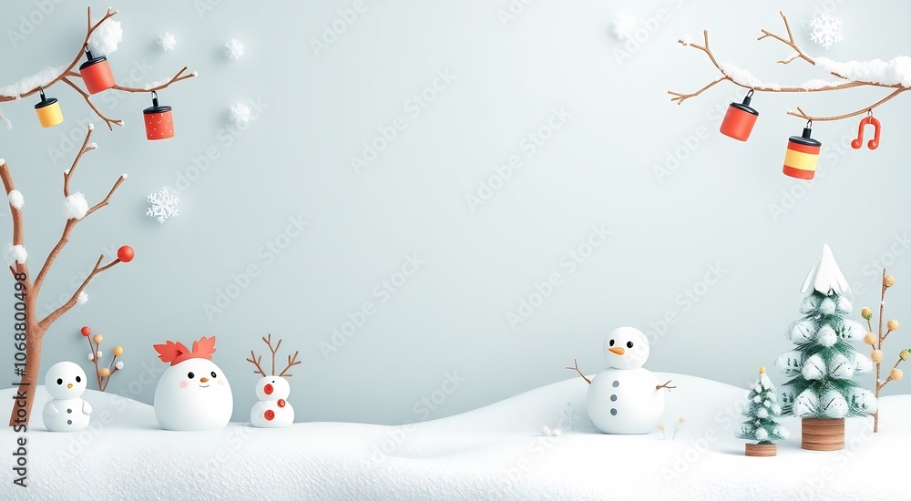 Cute snowmen and a snowy tree with snow and red lanterns on branches in a winter wonderland. Cute snowmen and a snowy tree with snow and red lanterns on branches in a winter wonderland.