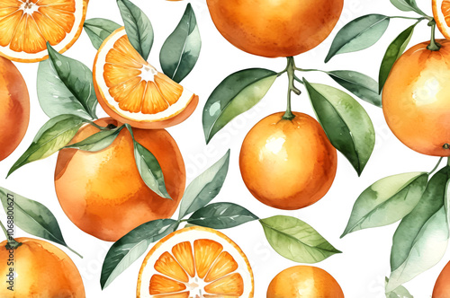 White background with painted orange watercolor oranges and slices. Pattern