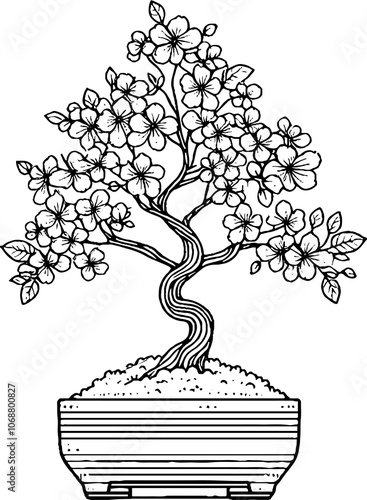 Black Line Art Beautiful Sakura Tree Decorative Hand Drawn Illustration
