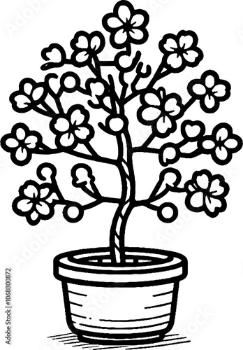 Black Line Art Beautiful Sakura Tree Decorative Hand Drawn Illustration
