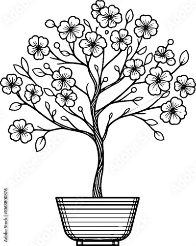Black Line Art Beautiful Sakura Tree Decorative Hand Drawn Illustration