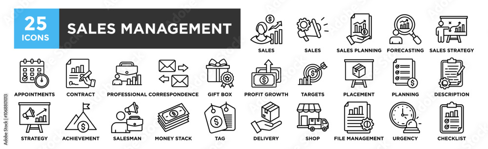 Sales Management icon collection set. Containing design business, service, copy space, technology, computer, manager, sale, selling Sales Management icon collection set. Containing design business, service, copy space, technology, computer, manager, sale, selling