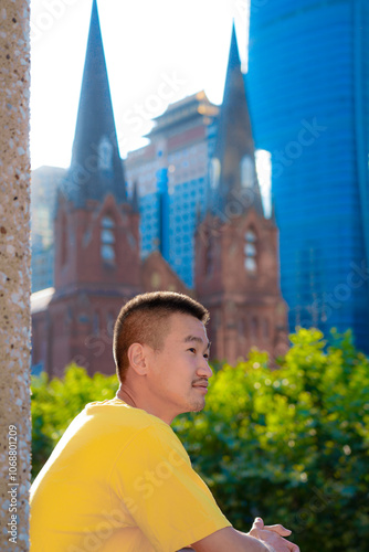Shanghai - People standing in a brightly lit city building