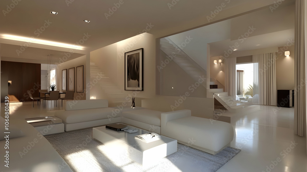 Fototapeta premium Elegant Minimalist Living Room with Neutral Tones, Clean Lines, and a Sleek White Sofa to Create a Spacious, Calming Environment. 3d render design.