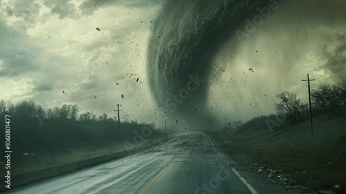 A powerful tornado leaves a path of devastation in its wake as it passes over a roadway. This breathtaking picture perfectly conveys the unadulterated might and peril of nature. photo