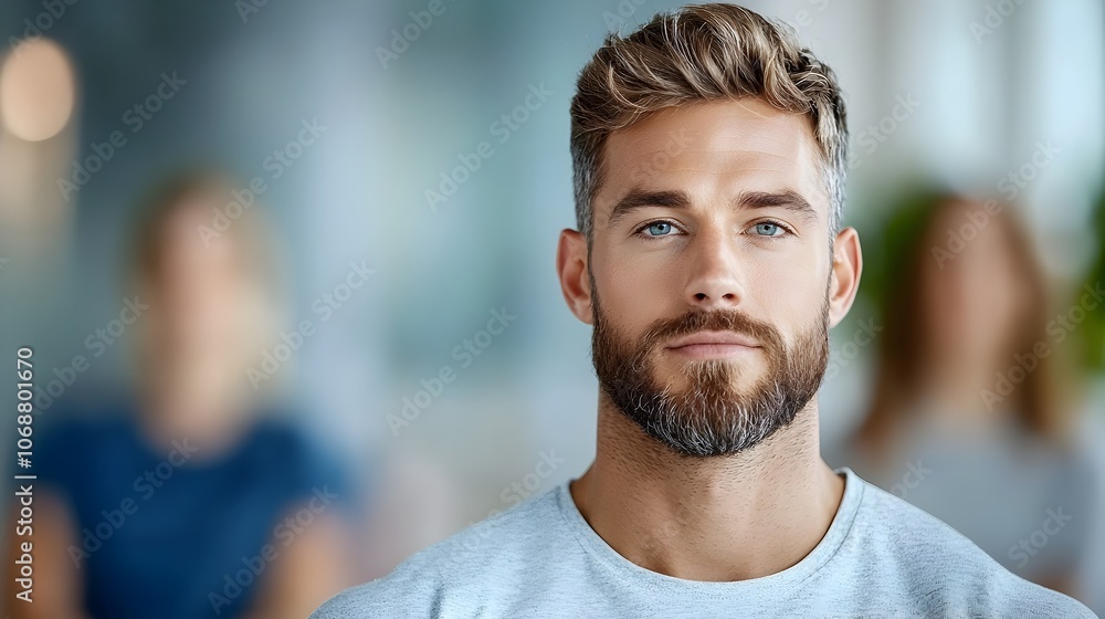 Portrait of a handsome bearded man sitting in a meditative pose with a serene and focused expression during a warm and tranquil indoor wellness or meditation session Portrait of a handsome bearded man sitting in a meditative pose with a serene and focused expression during a warm and tranquil indoor wellness or meditation session