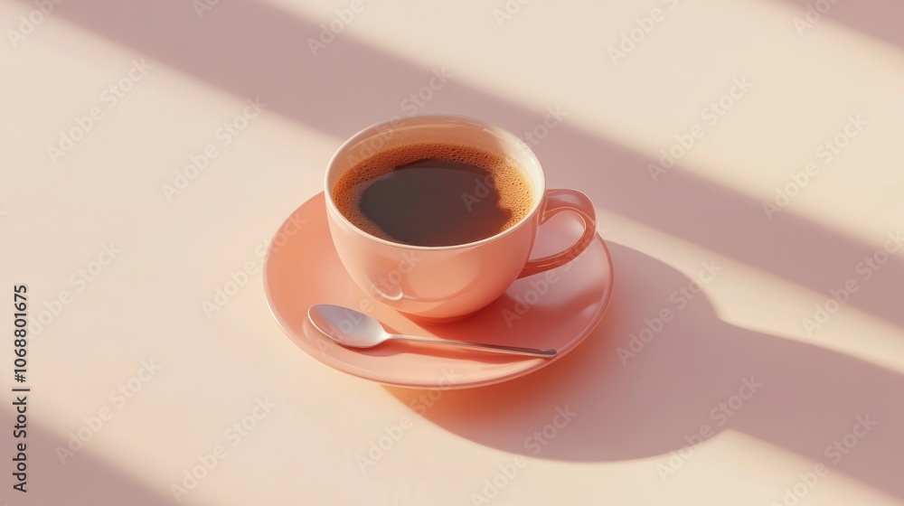 Cup of coffee elegantly placed on a saucer with a spoon creating a minimalist scene on a white background with soft shadows Cup of coffee elegantly placed on a saucer with a spoon creating a minimalist scene on a white background with soft shadows