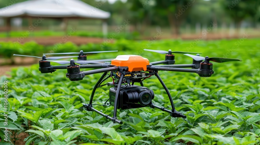 Drone flying over green crops in a farm landscape.