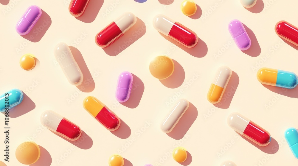 Assorted pharmaceutical capsules arranged in a creative pattern on a light beige background showcasing hard shadows Assorted pharmaceutical capsules arranged in a creative pattern on a light beige background showcasing hard shadows