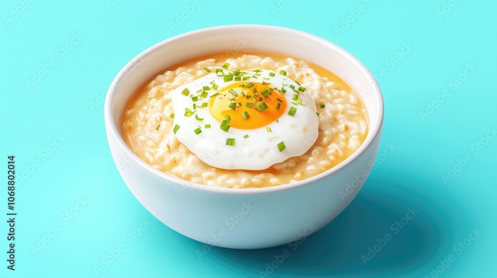 Boiled buckwheat porridge topped with sauteed onions and a poached egg served in a vertical orientation for a delightful meal presentation Boiled buckwheat porridge topped with sauteed onions and a poached egg served in a vertical orientation for a delightful meal presentation