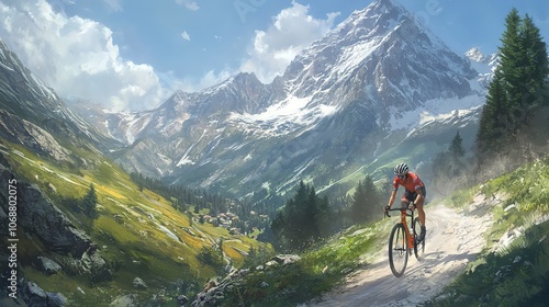 A cyclist racing through a mountain path.