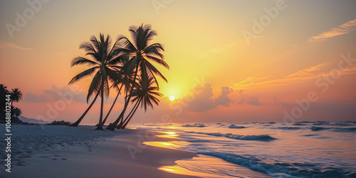 Island palm tree sea sand beach. Panoramic shore landscape. Inspire tropical coast seascape horizon. Orange golden sunset sky calmness tranquil relax summer mood. Vacation travel tourism. Generated Ai