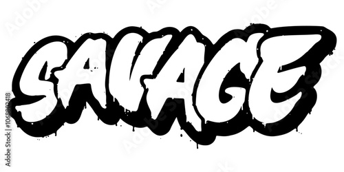 Word ‘Savage’ written in retro three-dimensional graffiti style with dripping paint effect