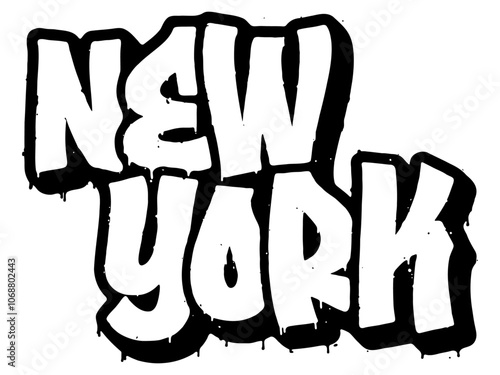 ‘New York’ written in retro three-dimensional graffiti style with dripping paint effect