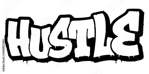 Word ‘Hustle’ written in retro three-dimensional graffiti style with dripping paint effect