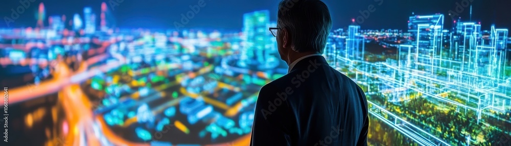 Obraz premium CEO Observing Futuristic Holographic Infrastructure Model for Corporate Planning and Foresight
