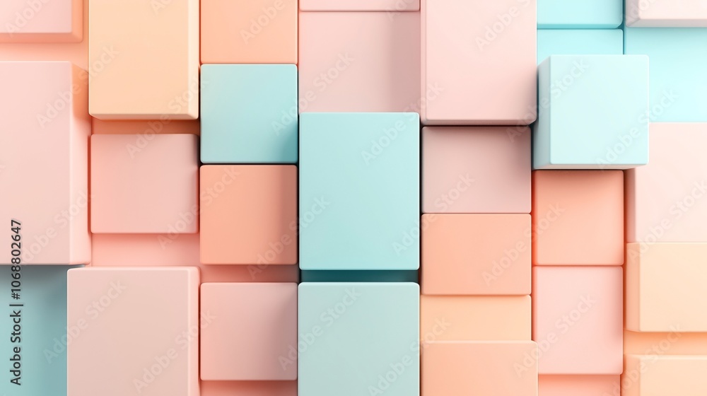 Abstract pastel colored 3D geometric background with overlapping square and rectangular blocks in soft pink, peach, and light blue hues. Abstract pastel colored 3D geometric background with overlapping square and rectangular blocks in soft pink, peach, and light blue hues.