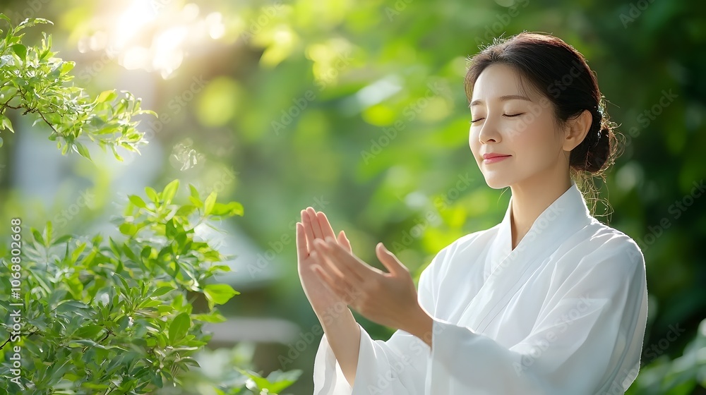 Woman Practicing the Ancient Discipline of Tai Chi in a Misty Garden Surrounded by Lush Verdant Greenery   A Harmonious and Balanced Composition Evoking Serenity Mindfulness