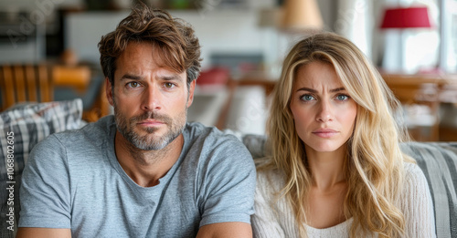 Wallpaper Mural A couple sits side by side on a couch, displaying serious expressions in a cozy living room filled with warm light Torontodigital.ca