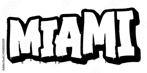 ‘Miami’ written in retro three-dimensional graffiti style with dripping paint effect