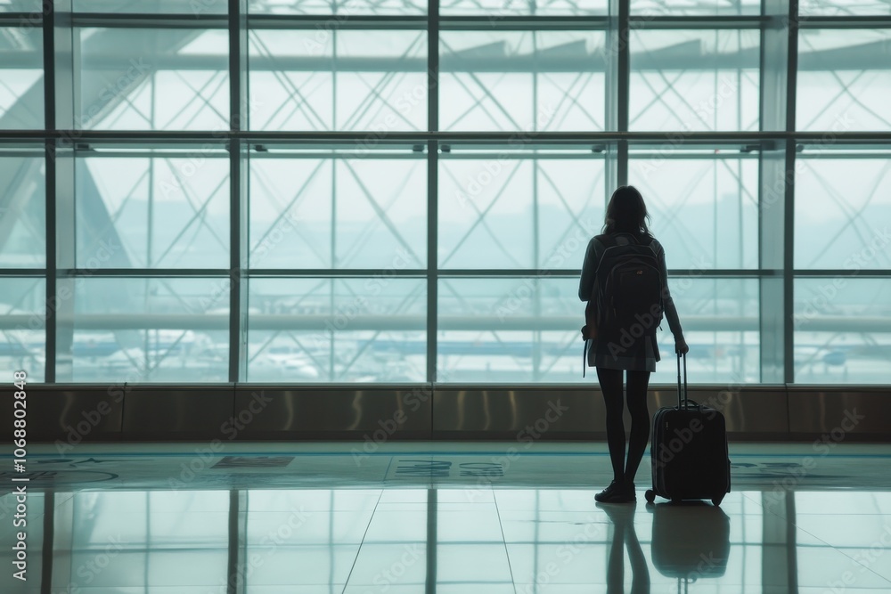 Fototapeta premium Woman with a backpack waiting near large airport windows with a suitcase