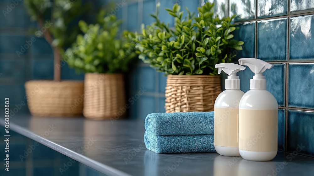 The countertop displays bottles of shampoo and conditioner beside neatly folded towels and decorative potted plants, creating a serene atmosphere The countertop displays bottles of shampoo and conditioner beside neatly folded towels and decorative potted plants, creating a serene atmosphere