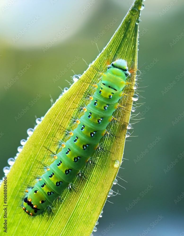 Naklejka premium closeup Green caterpillar on leaf with morning dew, detailed texture of tiny hairs wallpaper