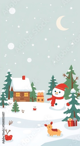 A cute snowman with a red scarf stands in a snowy landscape with a cabin, pine trees, and a dog.