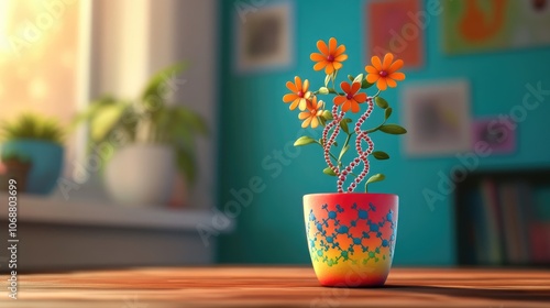 Single potted plant in a vibrant pot on natural wooden surface showcasing a DNA like trunk with molecular formula inspired flowers blooming photo