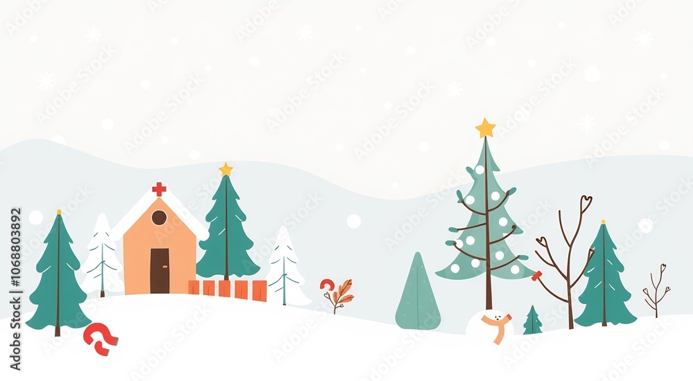 A cute snowy winter scene with a house, christmas trees, and a snowman. A cute snowy winter scene with a house, christmas trees, and a snowman.
