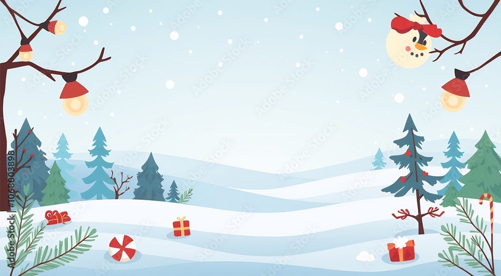 A snowy winter landscape with a snowman's head hanging from a tree, gifts in the snow, and a candy cane. A snowy winter landscape with a snowman's head hanging from a tree, gifts in the snow, and a candy cane.