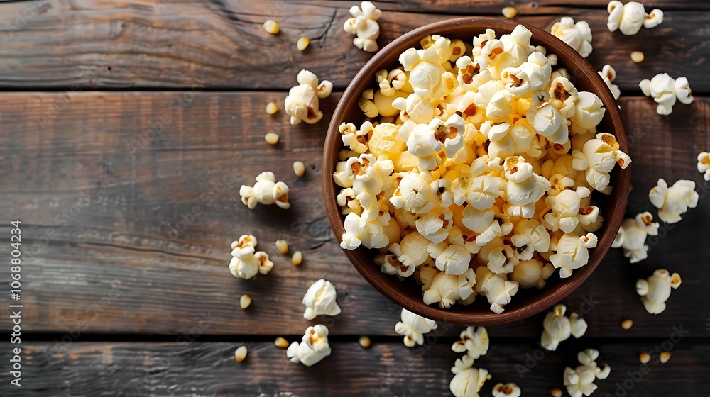 Top view of a golden bowl of buttery popcorn surrounded by scattered kernels on a rustic wooden table creating a warm snack atmosphere for food lovers and home cooks Top view of a golden bowl of buttery popcorn surrounded by scattered kernels on a rustic wooden table creating a warm snack atmosphere for food lovers and home cooks
