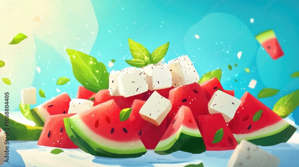 Refreshing watermelon salad topped with creamy feta cheese and fragrant basil perfect as a healthy summer dessert Refreshing watermelon salad topped with creamy feta cheese and fragrant basil perfect as a healthy summer dessert